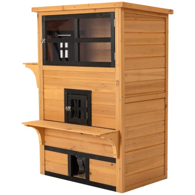 PawHut Cat House, Outdoor 3-Tier Kitty Shelter, Weather Resistant, w/ Escape Door