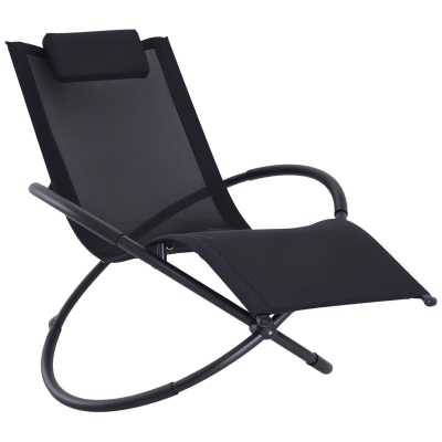 Outsunny Outdoor Rocking Lounge Chair, Foldable Zero Gravity Rocking Chair, Orbital Outdoor Patio Chaise Lounge Rocker with Mesh Seat and Pillow, Black