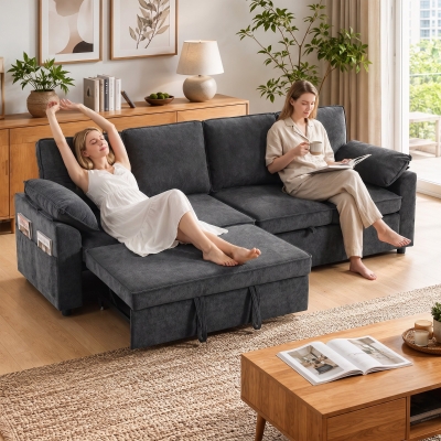 HOMCOM Sectional Sofa Bed, Double Pullout Sleeper Sofa Couch, Chenille Fabric, Dark Grey