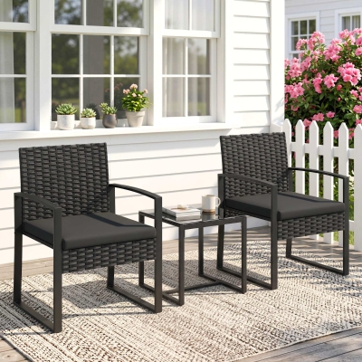Outsunny Outdoor Bistro Set, 3 Piece Wicker Patio Furniture Set with Glass Top Table and Cushions for Porch, Balcony, Black