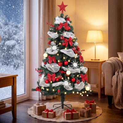 HOMCOM 5ft Prelit Christmas Tree Spruce, Remote, Hinged, Artificial Xmas Tree with 8 Modes, 450 Tips, 150 LEDs, Green Red