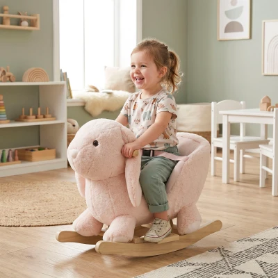 Qaba Wooden Rocking Horse with Sound, Plush Chair for Kids, Pink