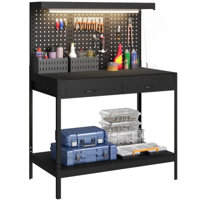 HOMCOM Workbench with LED Light and Power Strip, 43" Heavy Duty Work Table with Pegboard and Drawers for Garage Workshop, Black