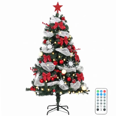 HOMCOM 5ft Prelit Christmas Tree Spruce, Remote, Hinged, Artificial Xmas Tree with 8 Modes, 450 Tips, 150 LEDs, Green Red