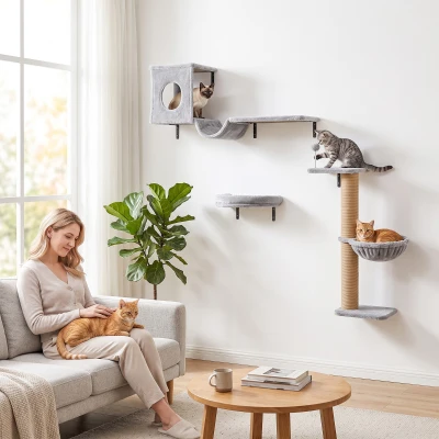 PawHut 3-in-1 Cat Wall Shelves with Condo, Bed, Hammock, Gray
