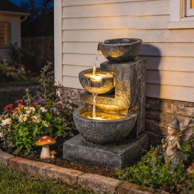 Outsunny 3-Tier Outdoor Water Fountain, Garden Waterfall Fountain with LED Lights and Pump, Indoor Freestanding Resin Waterfall