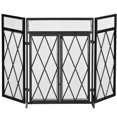 HOMCOM 3-Panel Folding Fireplace Screen, Heavy Duty Steel, Black