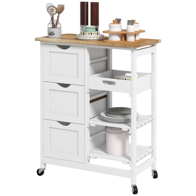 HOMCOM Rolling Kitchen Cart with Wood Top, Shelves & Drawers, White