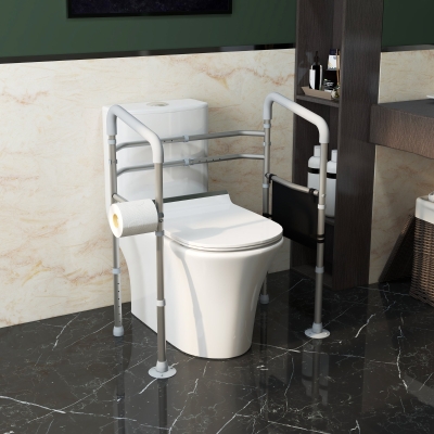 HOMCOM Stand Alone Toilet Safety Frame, Toilet Rails with Adjustable Height Width, 300lb Grab Bar with Suction Cups, Storage, Padded Handles for Elderly