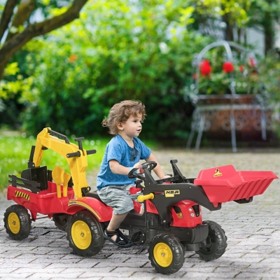 Aosom Ride on Toy Dump Truck for Kids, Pedal Construction Car with Detachable Trailer for 3 Years Old, Red