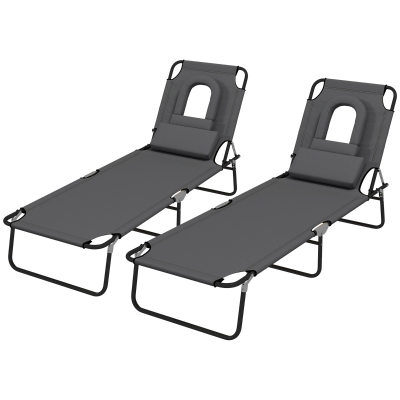 Outsunny Folding Lounge Chair Set of 2, Reclining Beach Tanning Chair with Face Hole, Pillow, 4-Position Adjustable Flat Sun Lounger, Steel Frame for Outdoor Patio Pool, Grey