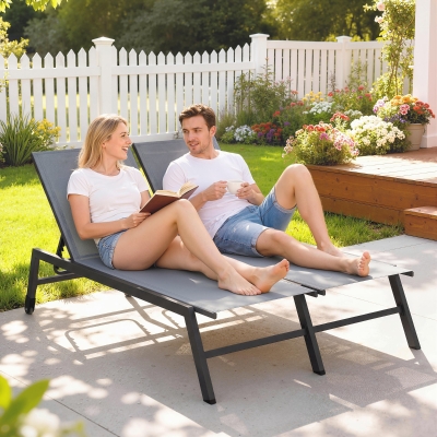 Outsunny Chaise Lounge Chair for 2 Person, Outdoor Lounge Chair with 5-Position Adjustable and Wheels