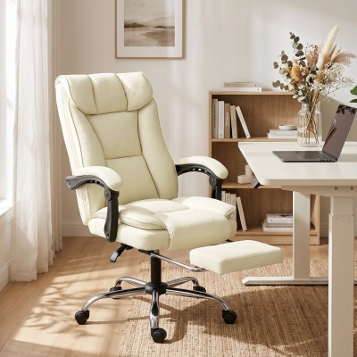 HOMCOM Executive Office Chair, Pet-Friendly Leather Ergonomic Desk Chair with Footrest, Swivel Recliner, Beige