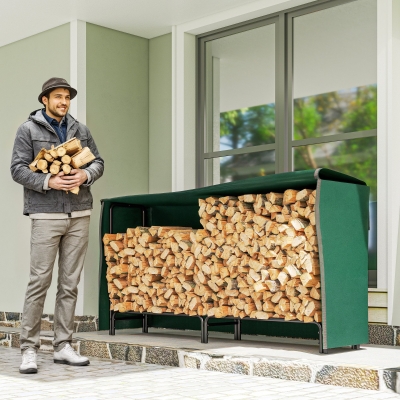Outsunny Firewood Rack with Waterproof Cover, 200 kg Log Storage Holder with Steel Chains, 78.7" x 14" x 39", Dark Green