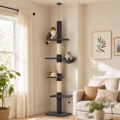 PawHut Floor-to-Ceiling Cat Tree 88.6"-100.4" Adjustable, 5-Level Cat Tower with Hammock, 3 Sisal Scratching Posts, Toy Ball