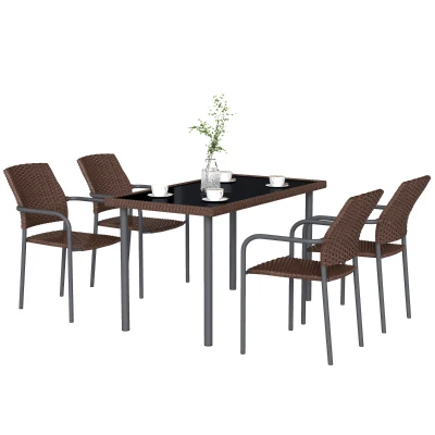 Outsunny 5 Pieces Outdoor Dining Set for 4, PE Wicker Rattan Patio Furniture Set with Stackable Chairs and Glass Table Top