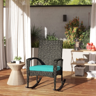 Outsunny Outdoor Rocking Chair, Patio Wicker Chair Removable Cushion, High Back and Armrests for Porch Balcony, Turquoise