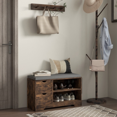 HOMCOM Upholstered Shoe Storage Bench w/ Seat, Entrance Bench w/ Drawer Open Shelves and Pocket for Hallway, Rustic Brown