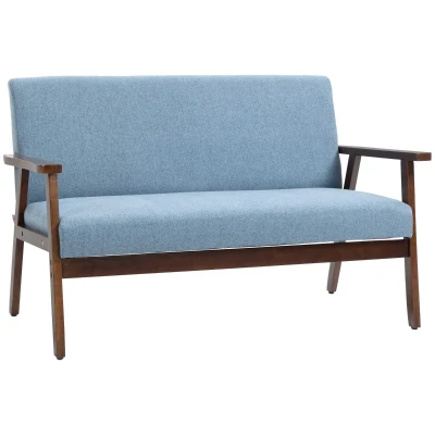 HOMCOM Compact Loveseat Sofa Couch Linen Fabric Double Seat Sofa with Rubber Wood Legs Blue