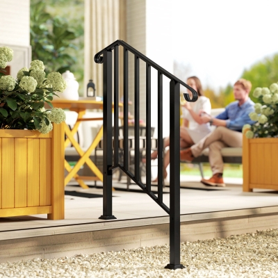 Outsunny 2-3 Step Handrails for Outdoor Steps, Metal Outdoor Stair Railing, Porch Deck Railing with Installation Kit, Black