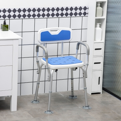HOMCOM Adjustable Shower Chair with Arms and Back, Bath Chair with Regular Seat, Anti-slip Shower Bench for Seniors and Disabled, Tool-Free Assembly, 300lbs, Blue