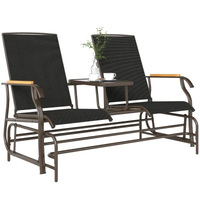Outsunny Outdoor 2-Person Glider Bench, Outside Swing Glider Chair Loveseat with Breathable Mesh, Table, Steel Frame