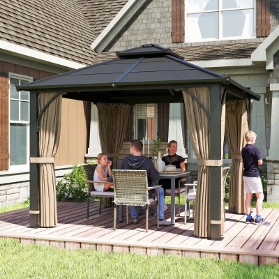 Outsunny 10' x 10' Hardtop Gazebo with 7mm Polycarbonate Double-Tier Roof, Outdoor Gazebo with Netting and Curtains, Khaki