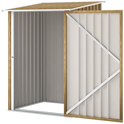 Outsunny 3.3' x 3.4' Lean-to Garden Storage Shed, Outdoor Galvanized Steel Tool House with Lockable Door for Patio Light Brown