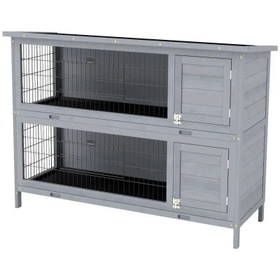 PawHut 2 Tier Wooden Rabbit Hutch Bunny Pet House Wooden Coop Run, Grey