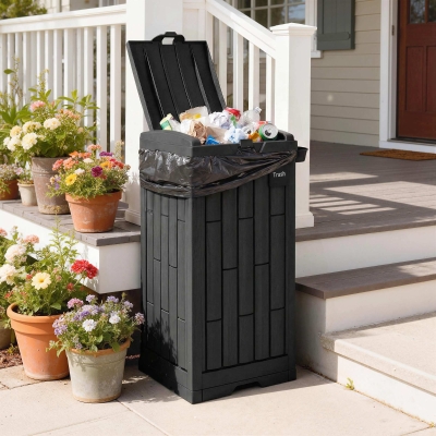 Outsunny 29 Gallon Outdoor Garbage Bin with Dual Lid, Plastic Outdoor Waste Trash Can with Side Holder and Drip Tray, Black
