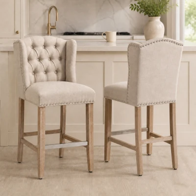 HOMCOM 27" Counter-Height Upholstered Bar Stools, Tufted, Beige