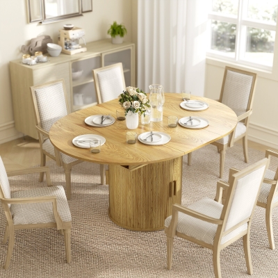 HOMCOM Extendable Dining Table for 6, 60" Farmhouse Kitchen Table with 2-Tier Storage Shelf and Fluted Sliding Doors, Natural