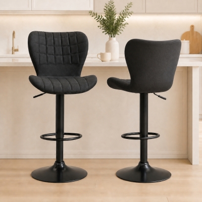 HOMCOM Bar Stools Set of 2, Adjustable Height Swivel Bar Chairs, Linen-feel Fabric Upholstered Kitchen Counter Stools with Wide Seat, Back and Footrest, Black