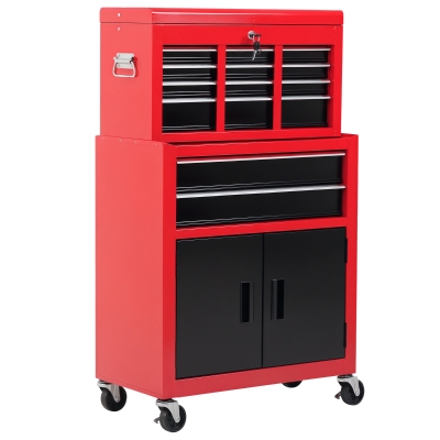 HOMCOM 6-Drawer Rolling Tool Chest, 2 in 1 Lockable Storage Cabinet with Hooks, Metal Tool Box for Garage, Workshop, Red