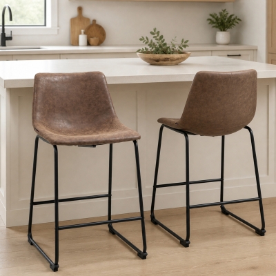HOMCOM Counter Height Bar Stools Set of 2, Vintage PU Leather Bar Chairs, Kitchen Stools w/ Footrest for Home Bar, Brown