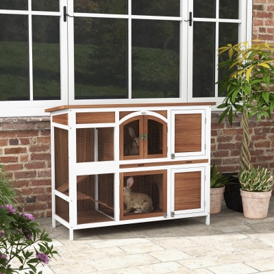 PawHut Two-Tier Wooden Rabbit Hutch with Openable Roof, Slide-Out Tray