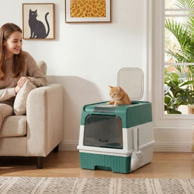 PawHut Hooded Cat Litter Box with Drawer Pan, Teal