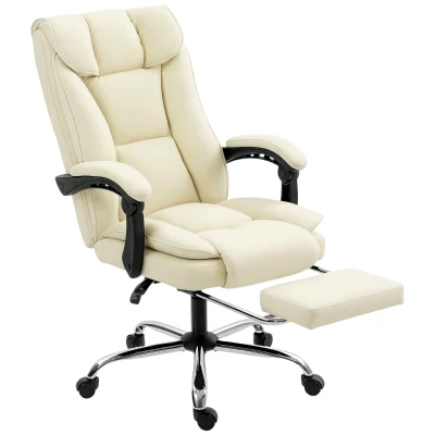 HOMCOM Executive Office Chair, Pet-Friendly Leather Ergonomic Desk Chair with Footrest, Swivel Recliner, Beige