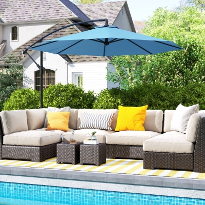 Outsunny 10' Deluxe Patio Umbrella, Outdoor Market Parasol, Banana Hanging Offset Sunshade with Crank, Cross Base, Blue