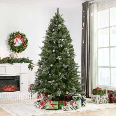 HOMCOM HOMCM 7FT Artificial Christmas Snow Pine Tree Holiday Home Xmas Decoration with Automatic Open, Pinecone, Green
