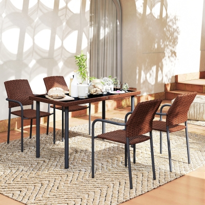 Outsunny 5 Pieces Outdoor Dining Set for 4, PE Wicker Rattan Patio Furniture Set with Stackable Chairs and Glass Table Top