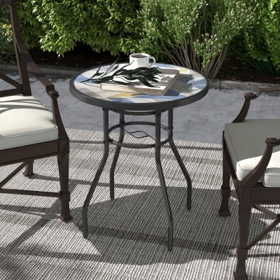 Outsunny 23.6" Round Patio Table, Outdoor Side Table with Glass Printed Top, Multicolour