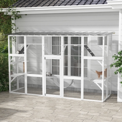 PawHut Large Outdoor Catio with Condos, Platforms, Doors, Ladders, Weather-Resistant Roof, White