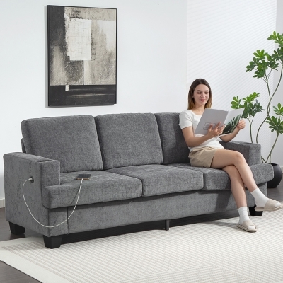 HOMCOM 3 Seater Sofa with USB Ports & Cup Holders, Chenille-Feel Upholstered Couch for Living Room, Grey