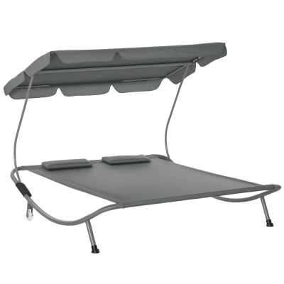 Outsunny Double Patio Lounger with Adjustable Canopy, Outdoor Daybed Hammock Lounger with Headrest Pillows, Two Moving Wheels for Poolside, Garden, Grey