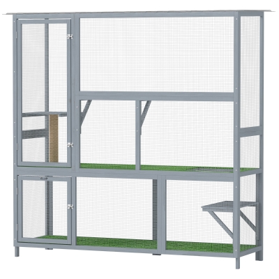 PawHut 77" Wooden Outdoor Catio with Roof, Platforms & Scratching Post