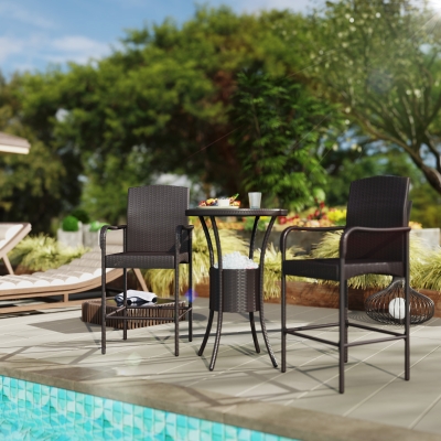 Outsunny 3 Pieces Patio Bar Set, Rattan Bistro Table and Chairs, Outdoor Conversation Furniture Set with Ice Bucket, Dark Brown
