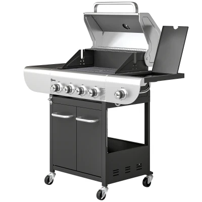 Outsunny 4 Burner Propane Gas Grill with Side Burner, 53,000 BTU BBQ Grill with Cast Iron Grates, Wheels, Warming Rack, Cabinet