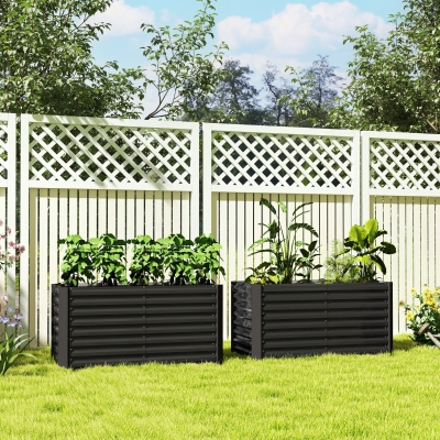 Outsunny Set of 2 Galvanized Metal Planters for Outdoor Plants, 4' x 2' x 2' Raised Garden Bed, Dark Grey