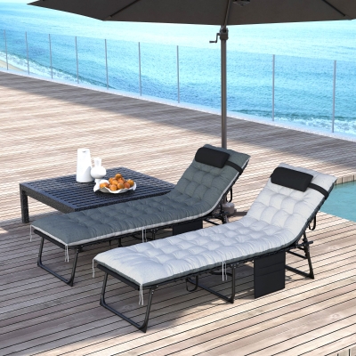 Outsunny Outdoor Lounge Chair Set of 2, Folding Chaise Lounge Tanning Chair with Cushion, Side Pocket, Black/Grey